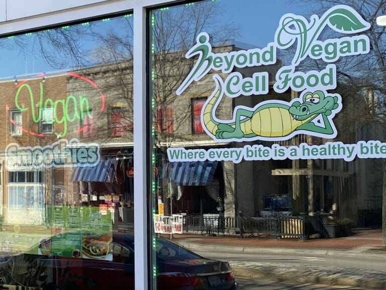 Window view with a logo of Beyond Vegan Cell Food in Portsmouth, Virginia