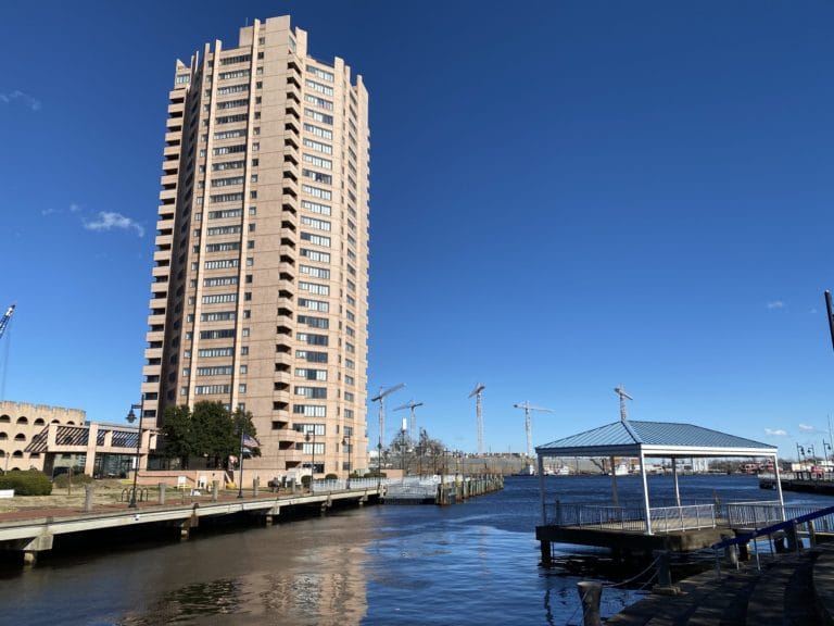 A view of the Harbor Tower Apartments from the Elizabeth River in Portsmouth, Virginia