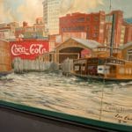 the right half of a mural showing ferry traffic and docks around 1950 on the Elizabeth River