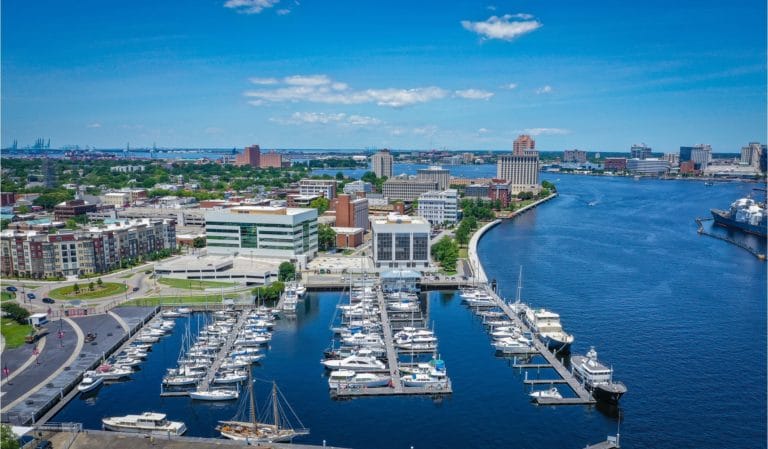 Birds eye view of docked boats at Ocean Yacht Marina in Portsmouth, Virginia