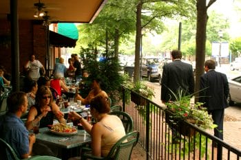 Patrons dine on the patio at Roger Brown's restaurant in Portsmouth, Virginia