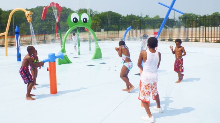 Kids playing at the Portsmouth Splash Park in Portsmouth, Virginia