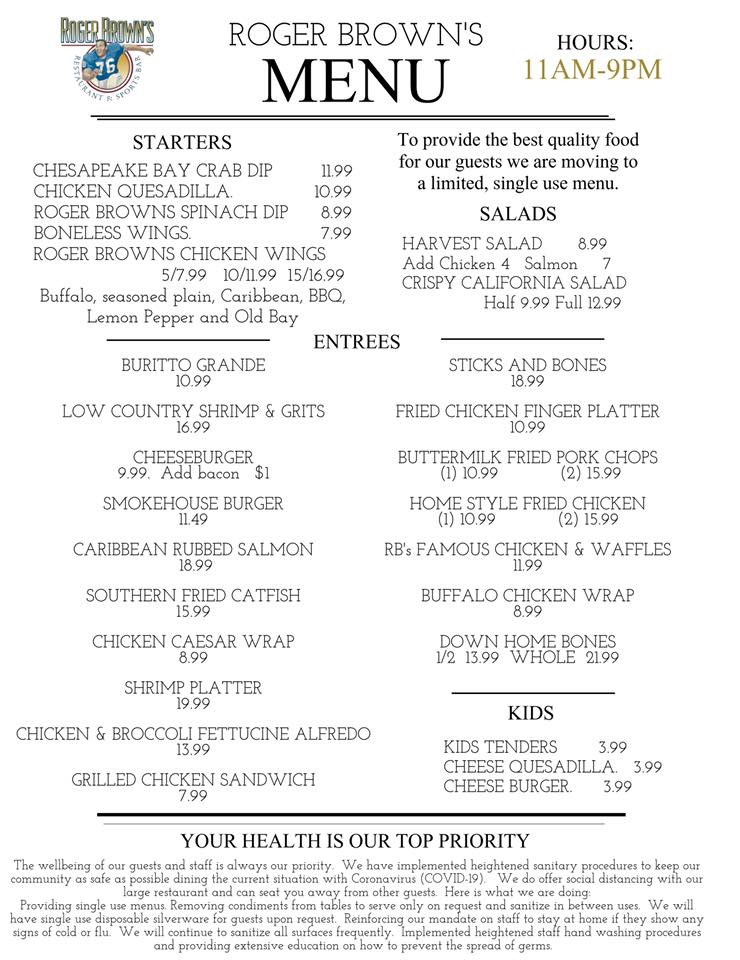 Roger Brown's Restaurant and Sports Bar Take-Out Menu