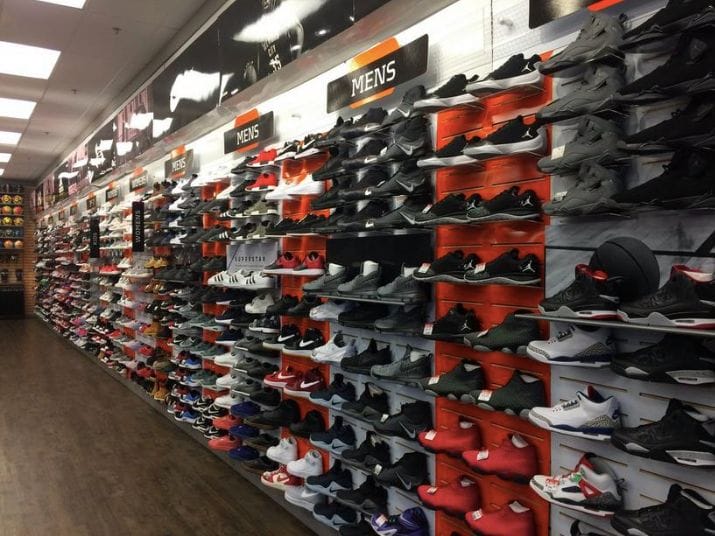 A wall of shoes displayed within Hibbett Sports in Portsmouth, Virginia