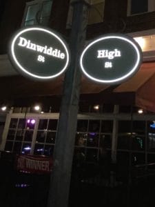 Street Sign for High and Dinwiddie Streets intersection