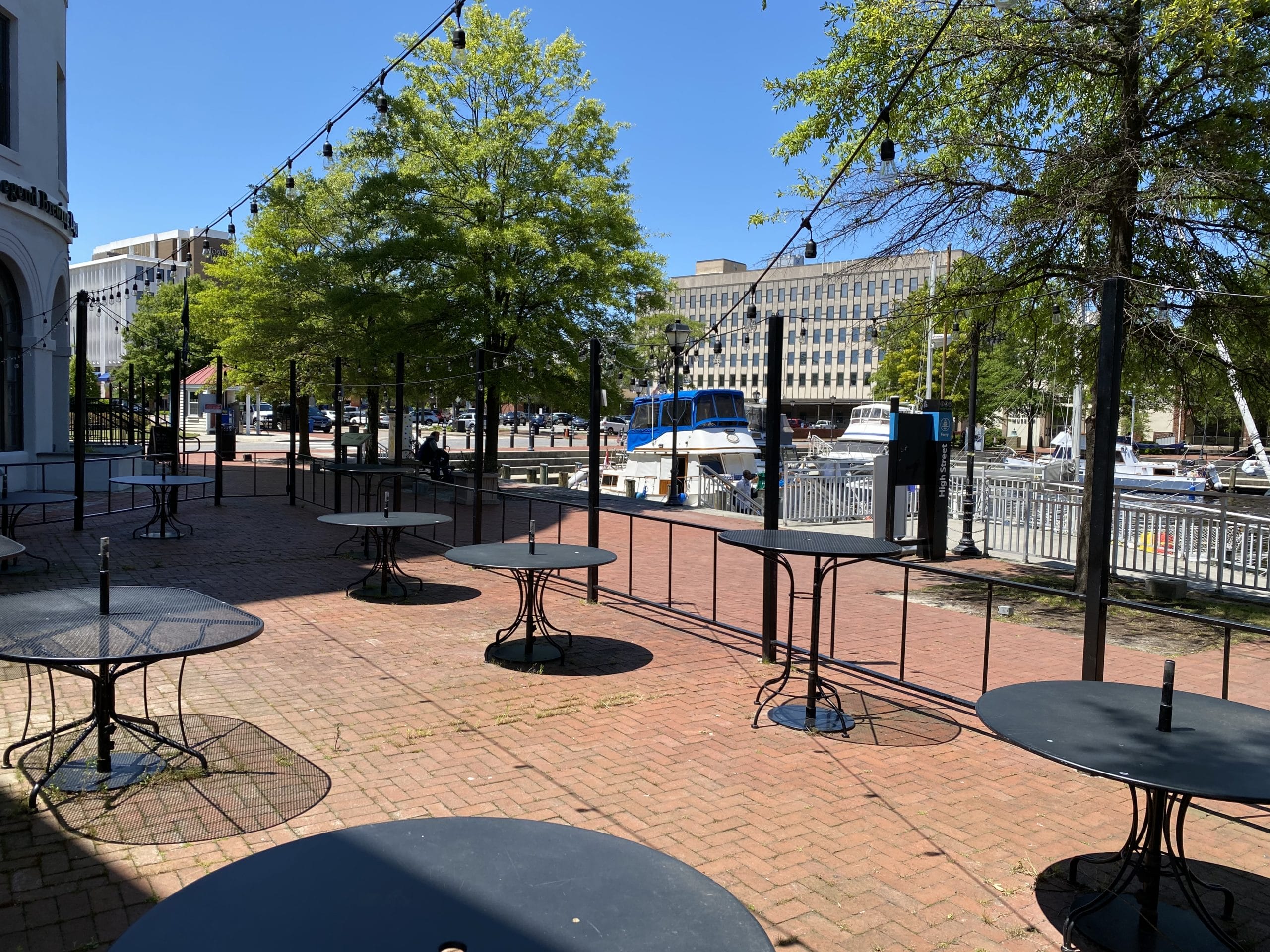 Outdoor dining at Legend Brewing Depot on High Street Landing