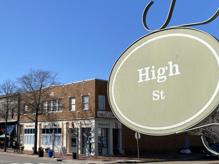 A sign for High Street in the Downtown Portsmouth Historic District
