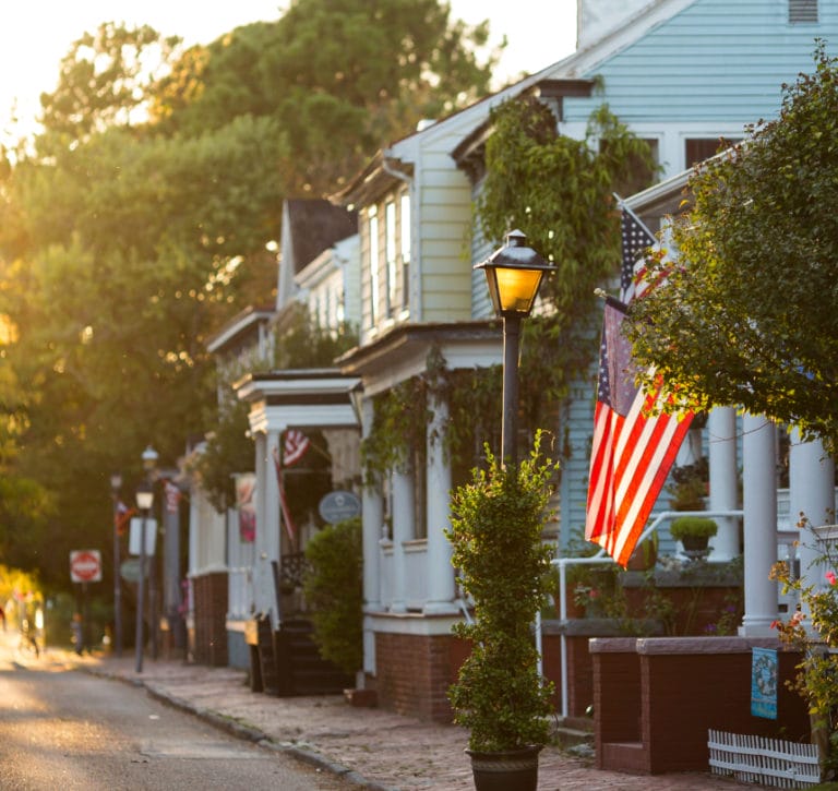 A view of houses along the street in the Olde Towne Historic District in Portsmouth, Virginia