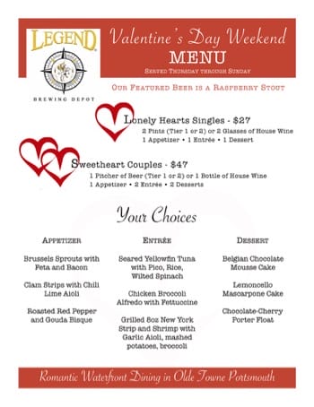 Legends Brewing Depot Valentine's Day Menu
