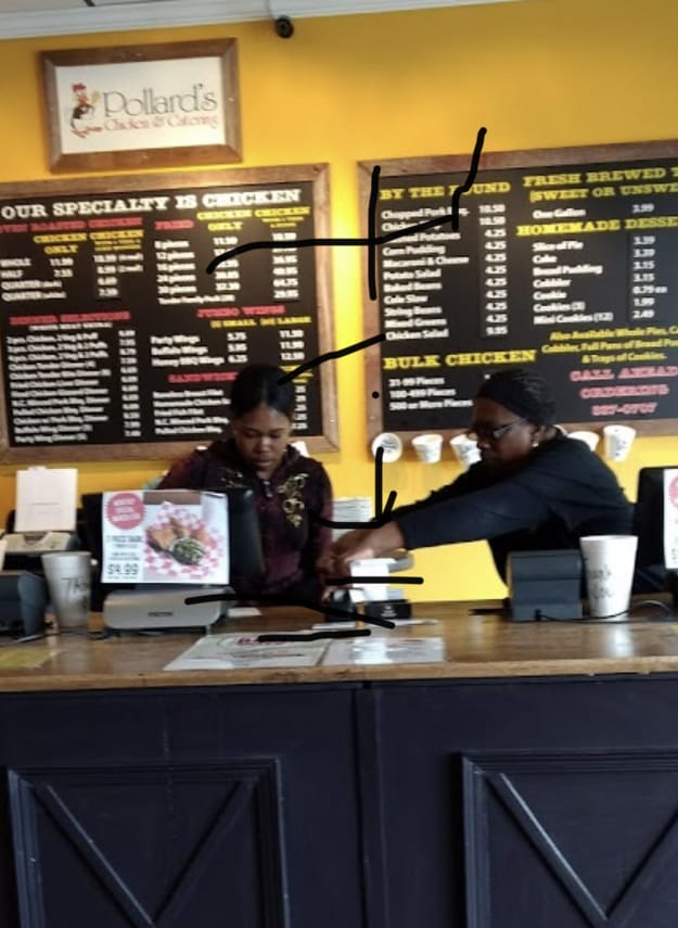 Inside view and menu at Pollard's Chicken & Catering in Portsmouth, Virginia