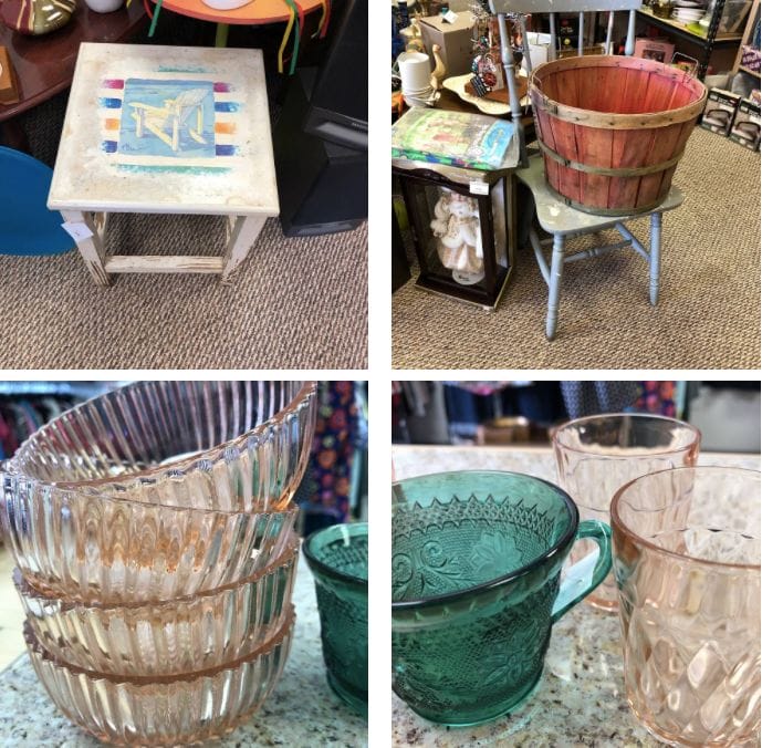 Furniture and glassware for sale at Port City Thrift Store in Portsmouth, Virginia