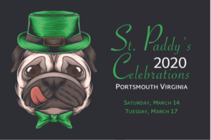 Portsmouth Pug in a Leprechaun hat event announcement