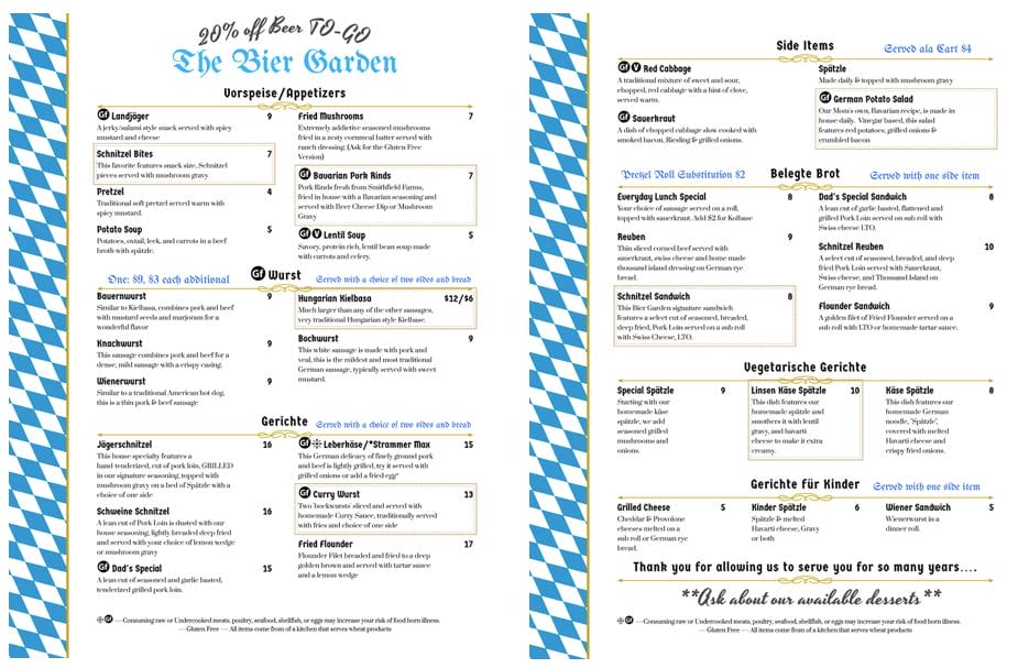 Portsmouth's Bier Garden German Restaurant Limited Menu