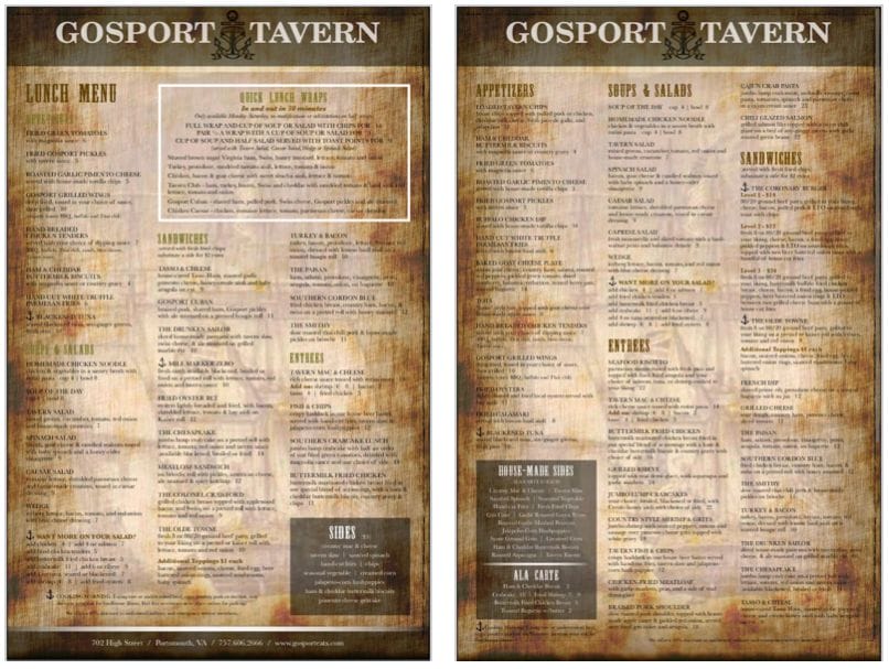 Gosport Taven Lunch and Tavern Menus