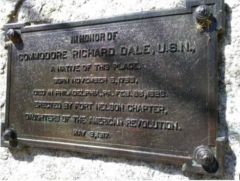 The dedication plaque on the back side of the Richard Dale Monument