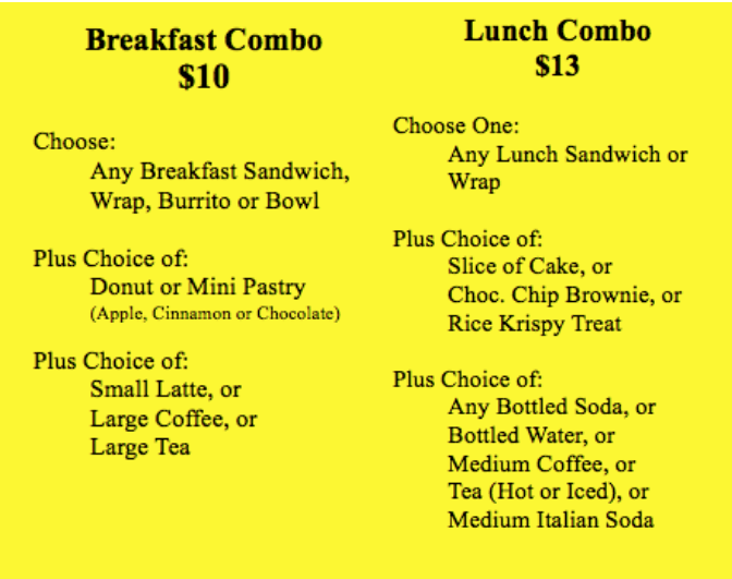 Coffee Shoppe Take-out Combo Menu