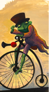 Toad on big wheel bicycle
