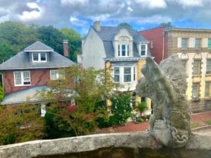 View from windo of Olde Towne home with gargoyle