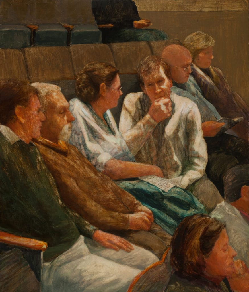 Watercolor painting of people in auditorium