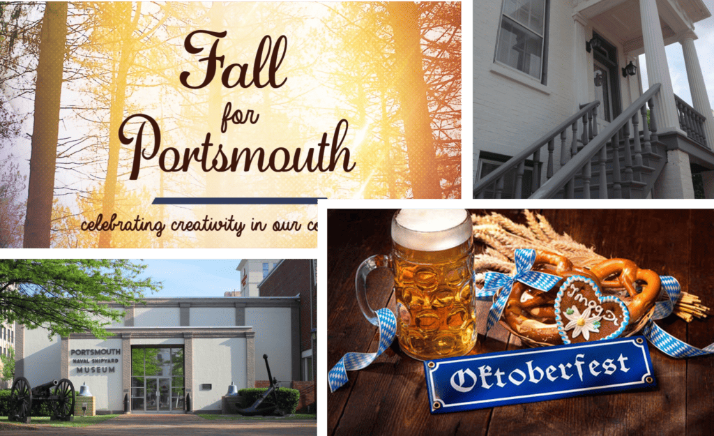 Collage featuring autumn tress, Portsmouth museums, and a large soft pretzel with a beer stein. 