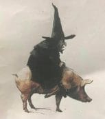 Artwork of a witch riding a pig