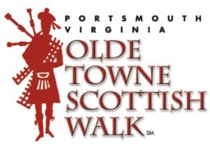 Olde towne Scottish Walk logo - scotsman playing bagpipes and text