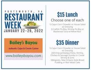 The 2022 Portsmouth, VA Restaurant Week menu for Bailey's Bayou
