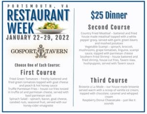 The 2022 Portsmouth, VA Restaurant Week menu for Gosport Tavern