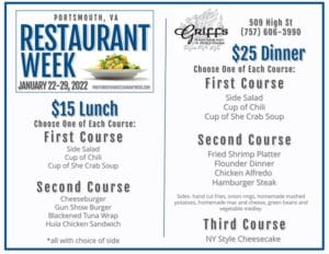 The 2022 Portsmouth, VA Restaurant Week menu for Griffs 