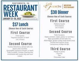 The 2022 Portsmouth, VA Restaurant Week menu for Guad's