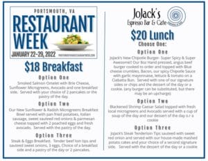 The 2022 Portsmouth, VA Restaurant Week menu for JoJack's Espresso Bar