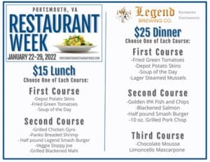 The 2022 Portsmouth, VA Restaurant Week menu for Legend Brewing