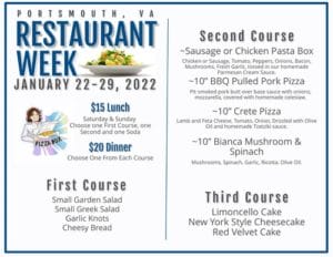 The 2022 Portsmouth, VA Restaurant Week menu for Pizza Box