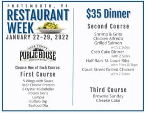 The 2022 Portsmouth, VA Restaurant Week menu for Olde Towne Public House