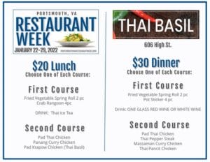 The 2022 Portsmouth, VA Restaurant Week menu for Thai Basil