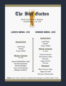 The 2022 Portsmouth, VA Restaurant Week menu for The Bier Garden