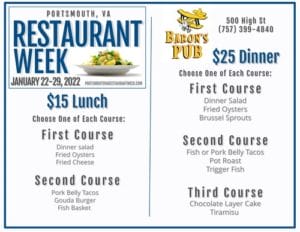 The 2022 Portsmouth, VA Restaurant Week menu for Baron's Pub