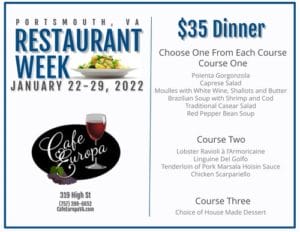 The 2022 Portsmouth, VA Restaurant Week menu for Cafe Europa