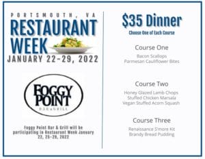 The 2022 Portsmouth, VA Restaurant Week menu for Foggy Point Bar and Grill