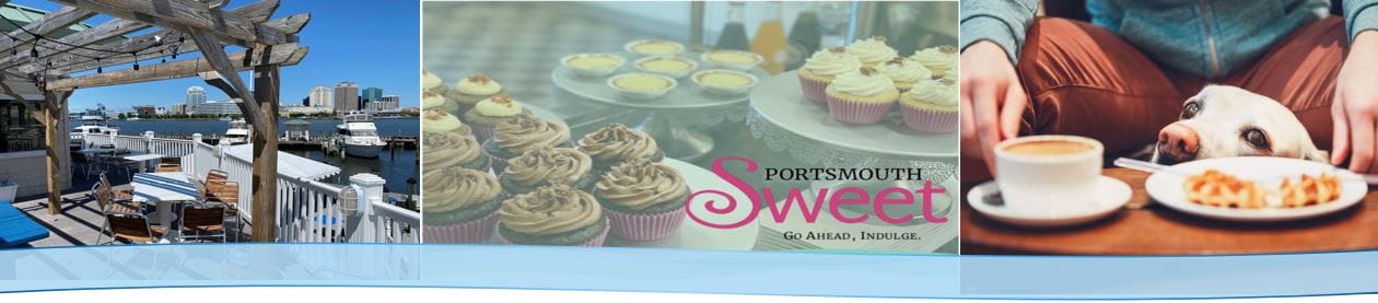 Compilation of photos: A seaside outdoor patio, cupcakes, and a dog looking at an espresso and waffle. 