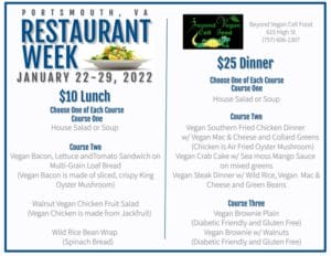 The 2022 Portsmouth, VA Restaurant Week menu for Beyond Vegan