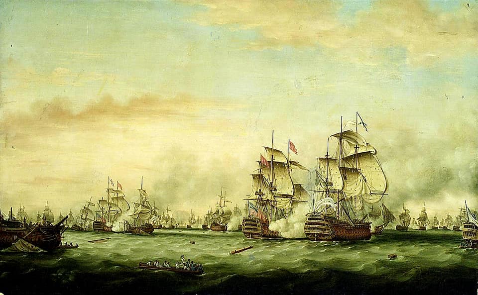 A painting of many ships sailing on a stormy sea