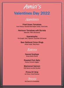 Amicis pizza restaurant valentines day menu