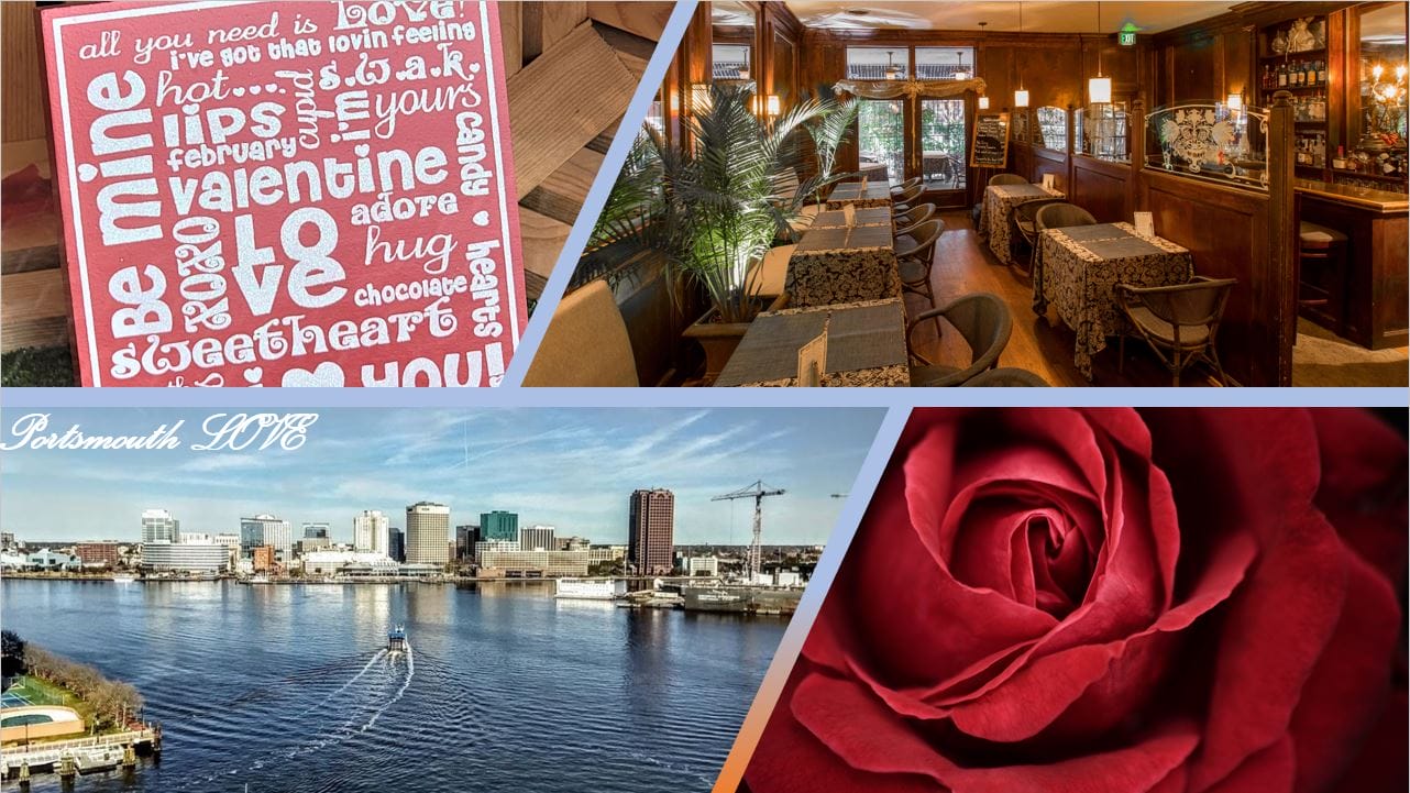 Aerial photo of Portsmouth water view and valentine's day rose and placard