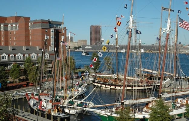 Boats docked near High St Landing in Portsmouth Virginia