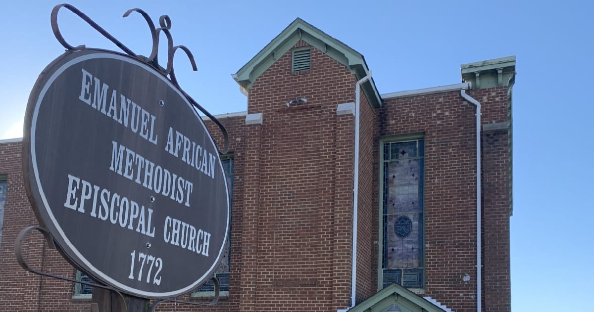 AME Church with sign showing built in 1772
