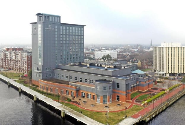 Aerial View of the Renaissance Hotel located on the Elizabeth River Seawall in Portsmouth Virginia