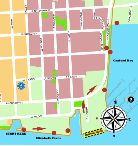Map of Olde Towne Portsmouth showing stops along the Seawall walking tour route