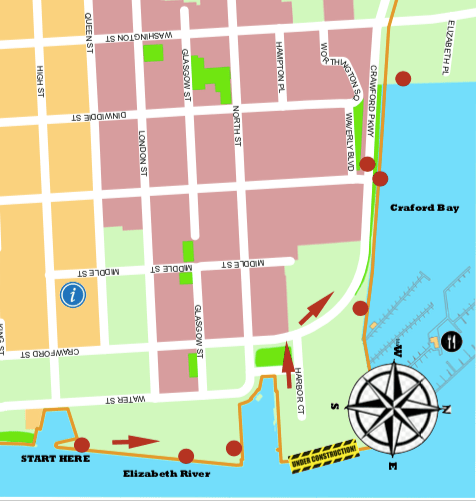 Map of Olde Towne Potsmouth showing stops along the tour route