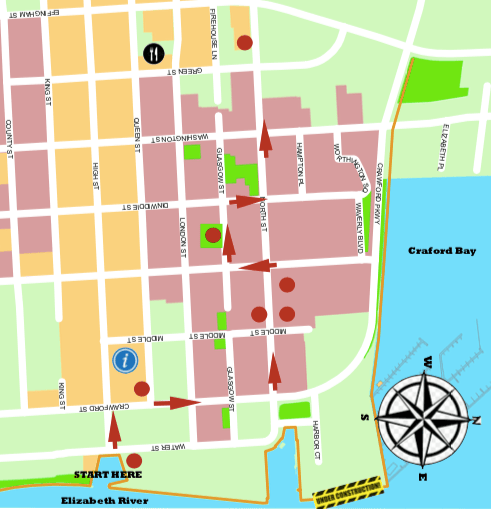 Map of Olde Towne showing stops on the Underground Railroad tour